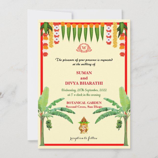 Cartão de Casamento Indiano com Banana Simples e G (Frente)