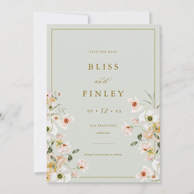 Cartão de casamento minimalista BLISS Floral Save  (Frente)