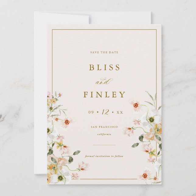 Cartão de casamento minimalista BLISS Floral Save  (Frente)