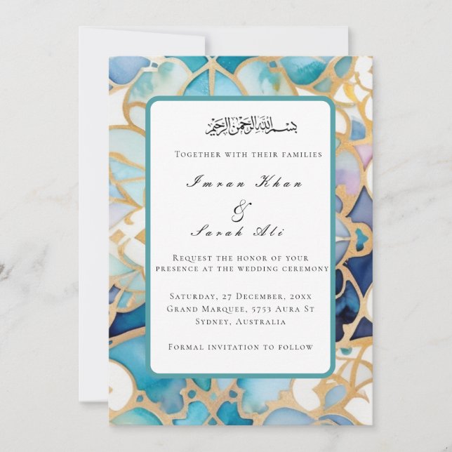 Cartão de casamento muçulmano turquesa antigo arab (Frente)