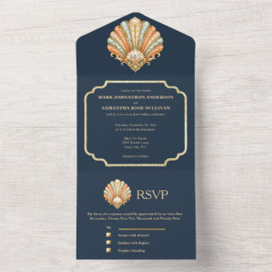 Cartão de Casamento Navy Gold Seashell Luxo Costei