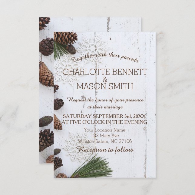 Cartão de Casamento Pinecone e Flocos de Neve (Frente/Verso)