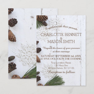 Cartão de Casamento Pinecone e Flocos de Neve