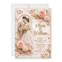 Cartão de Casamento Rosa Romântica 3D | Personaliz