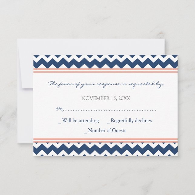 Cartão de Casamento RSVP de Chevron Azul Coral (Frente)