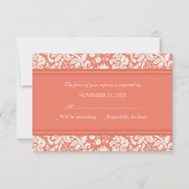 Cartão de Casamento RSVP de Creme e Coral Damask (Frente)