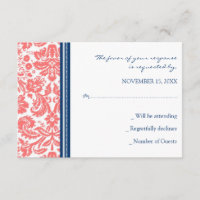 Cartão de Casamento RSVP de Damasco Azul Coral