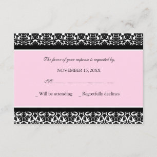 Cartão de Casamento RSVP de Damasco Preto Rosa