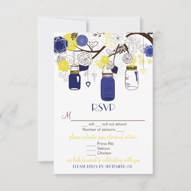 Cartão de Casamento RSVP de Mason Floral Azul e Am (Frente)