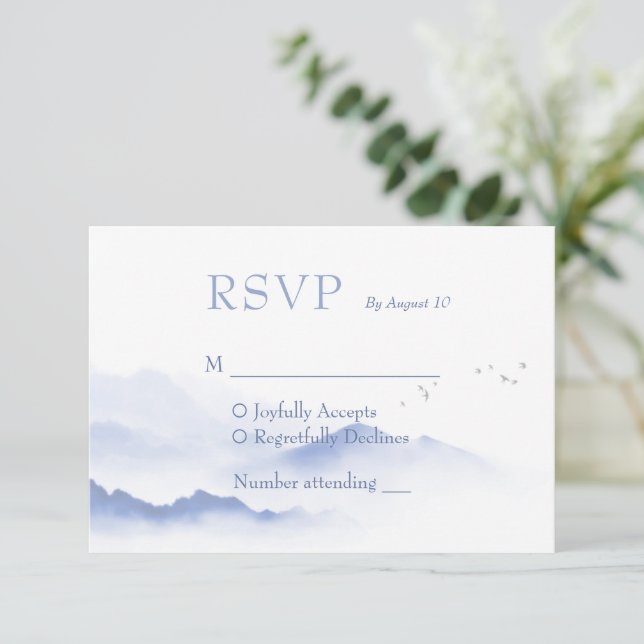 Cartão de casamento Rsvp para montanhas e pássaros (Em pé/Frente)