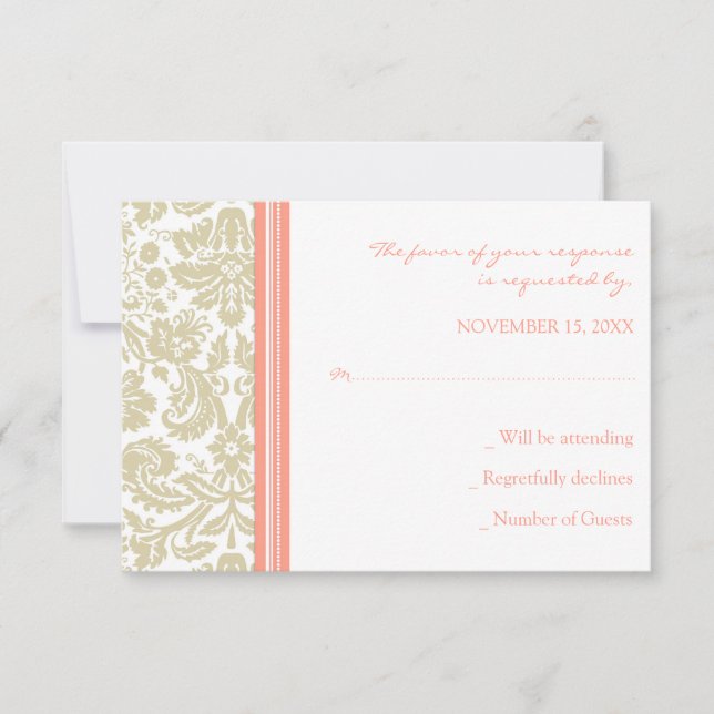 Cartão de Casamento RSVP RSVP Coral Beige Damask (Frente)