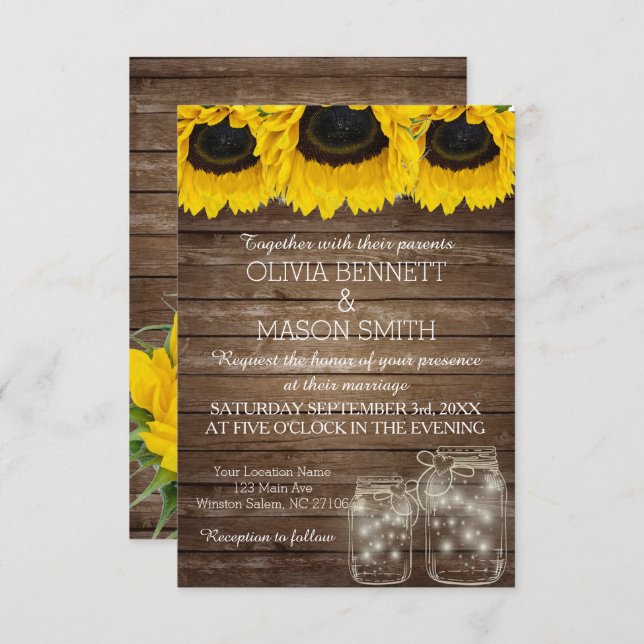 Cartão de Casamento Russo Mason Jar Sunflower (Frente/Verso)