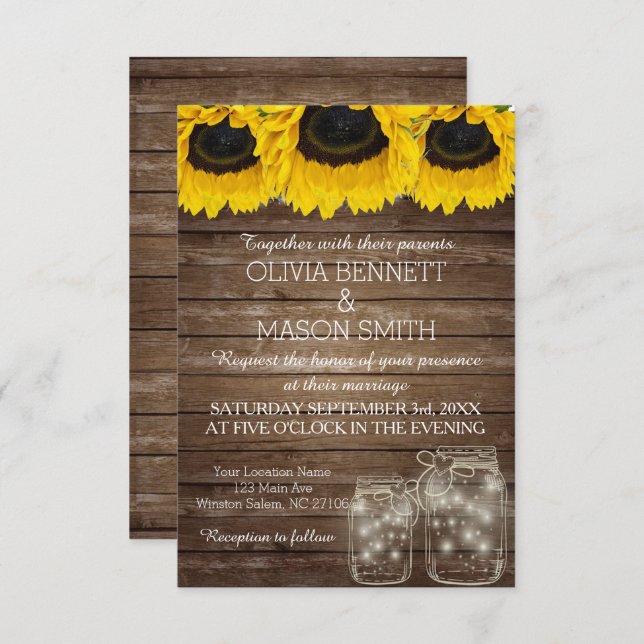 Cartão de Casamento Rustic Mason Jar Sunflower (Frente/Verso)