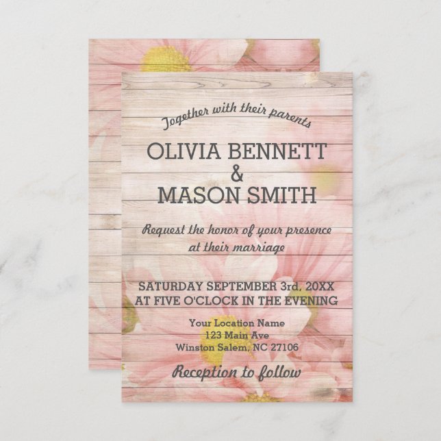 Cartão de Casamento texturizado de flor de madeira (Frente/Verso)