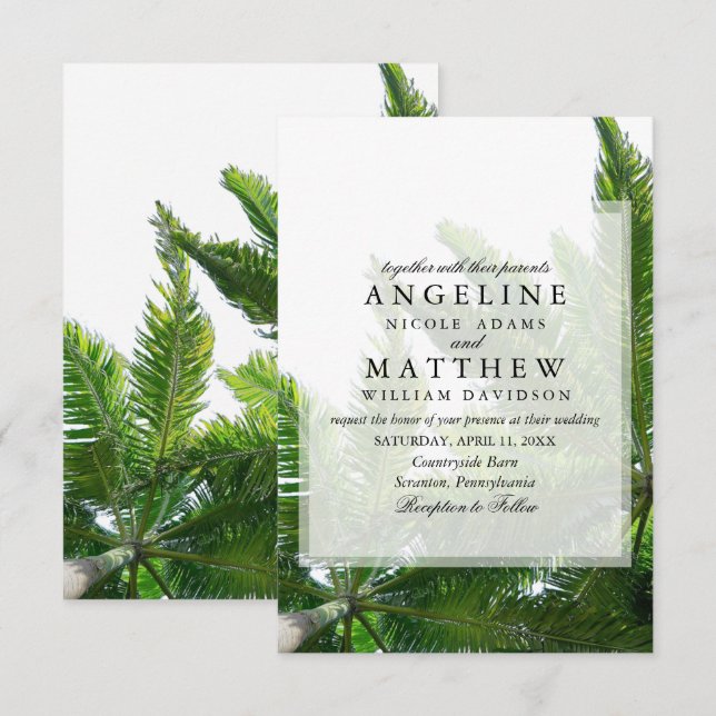 Cartão de Casamento Verde de Palma Tropical (Frente/Verso)