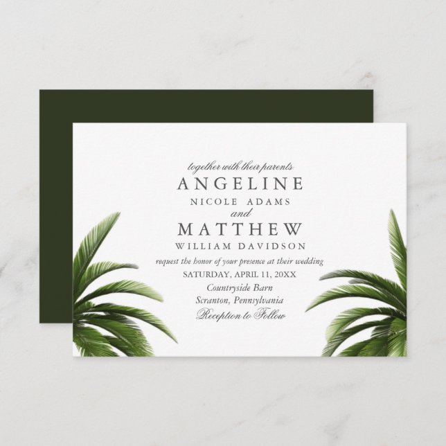 Cartão de Casamento Verde de Palma Tropical (Frente/Verso)