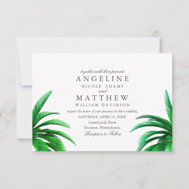 Cartão de Casamento Verde de Palma Tropical (Frente)