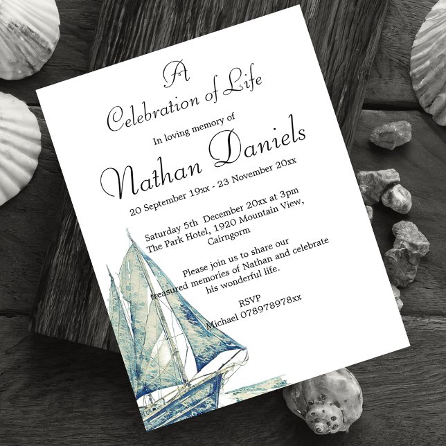 Cartão de Celebração de Vida do Iate Azul (Nautical themed celebration of life cards.)