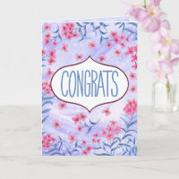 Cartão de Celebração Floral Azul e Rosa de Parabén