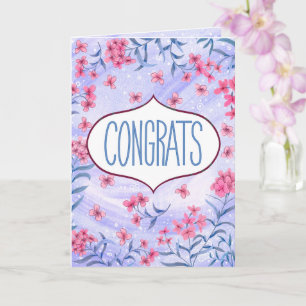 Cartão de Celebração Floral Azul e Rosa de Parabén
