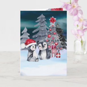Cartão de Cena de Árvore de Natal Pinguim