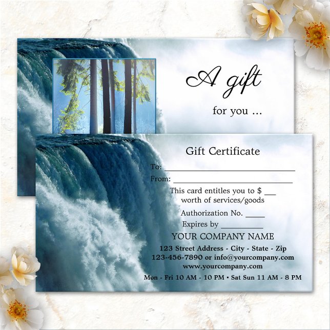 Cartão de Certificado de Foto Spa para Beleza em C (Gift certificate business card featuring your photo framed by a waterfall - spa - massage therapist)