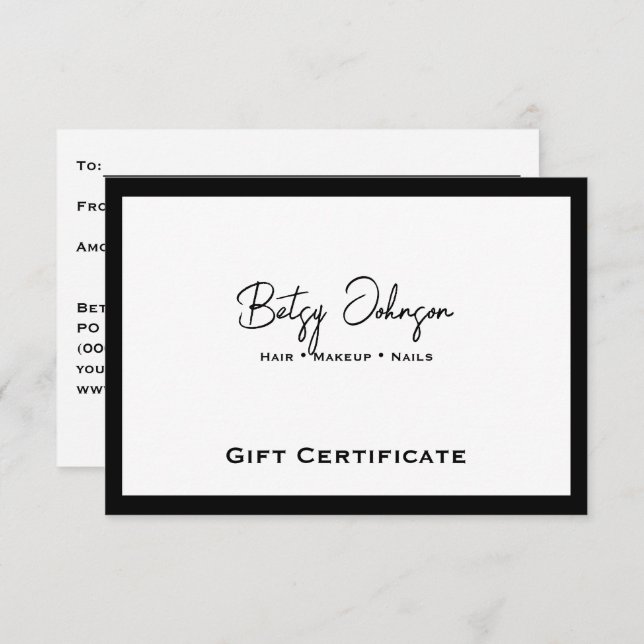 Cartão de Certificado de Presente Branco e Preto E (Frente/Verso)