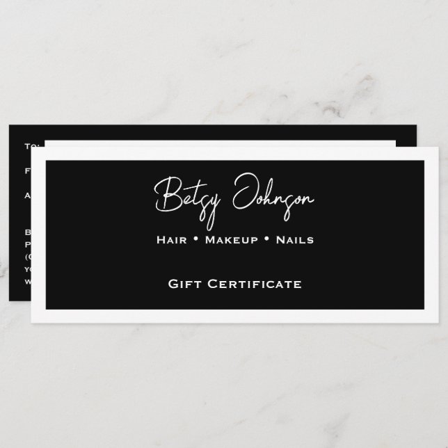 Cartão de Certificado de Presente Branco e Preto E (Frente/Verso)