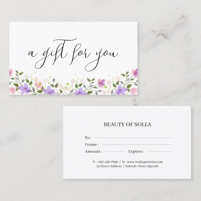 Cartão de Certificado de Presente Floral para Pequ (Frente/Verso)