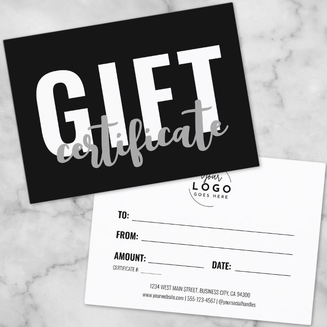 Cartão de Certificado de Presente Preto de Roteiro (Logo Modern Script Business Gift Certificate Card)