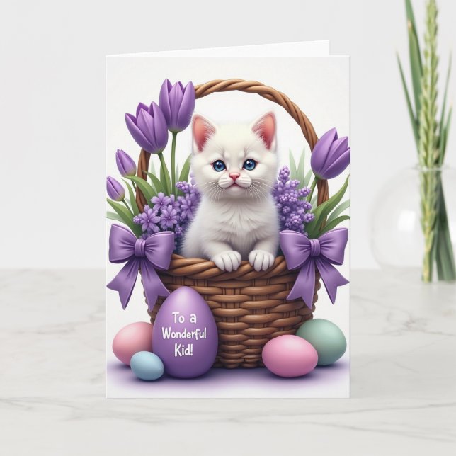 Cartão de Cesta de Primavera de Gatinho Fofo (Frente)