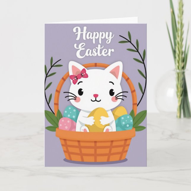 Cartão de Cesta de Primavera de Gato Feliz (Frente)
