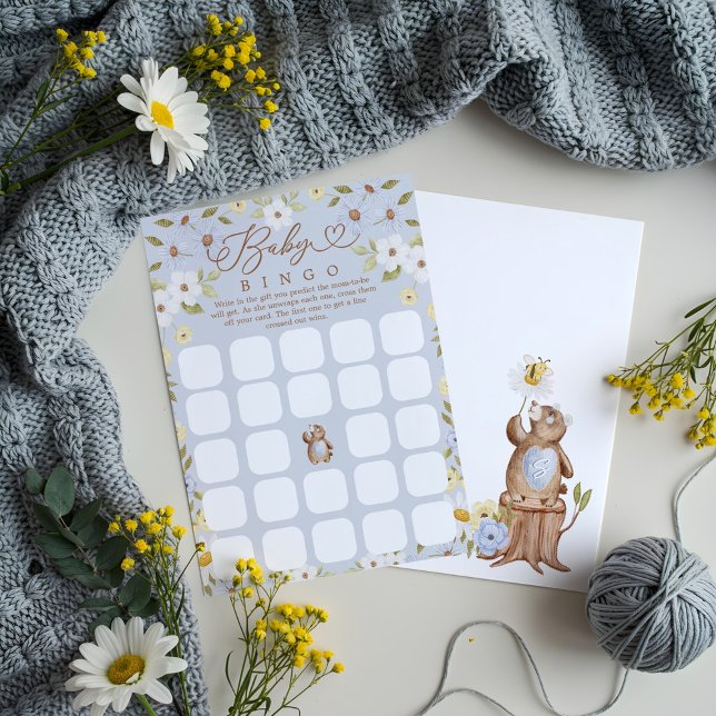 Cartão de Chá de Bear Bingo Baby Boy (Woodland Bear Bingo Baby Boy Shower Game Card)