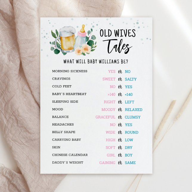 Cartão de Chá de Bebê Revelação de Gênero Contos d (Beer and Floral Baby is Brewing Baby Shower Old Wives Tales Game Card)