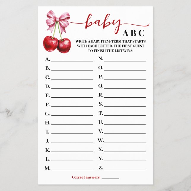 Cartão de Chá de fraldas Bebê ABC Cherry Coquette (Frente)