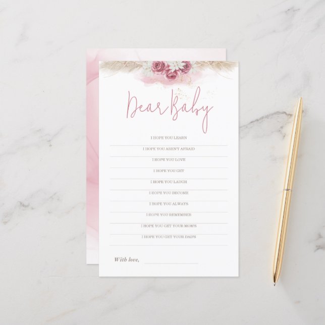 Cartão de Chá de fraldas Boho Rosa Jogo Querido Be (Frente/Verso In Situ)