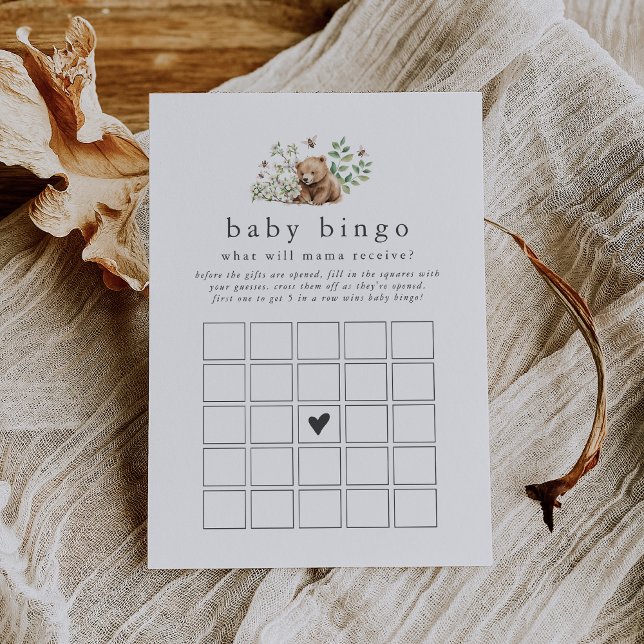 Cartão de Chá de fraldas de Bebê Bingo do Woodland (HANNAH Woodland Baby Bingo Baby Shower Game Card)