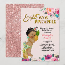 Cartão de chá de fraldas rosa de ananás dourados d