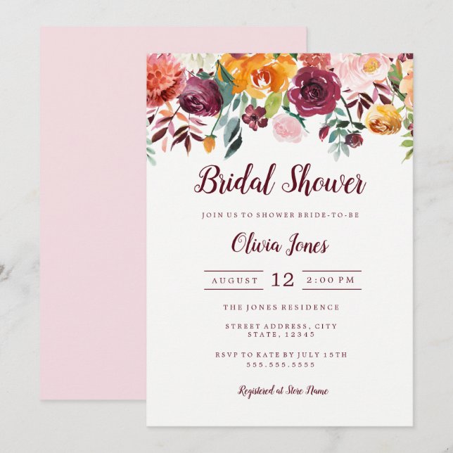 Cartão de Chá de Noiva Floral em Aquarela Rosa (Frente/Verso)