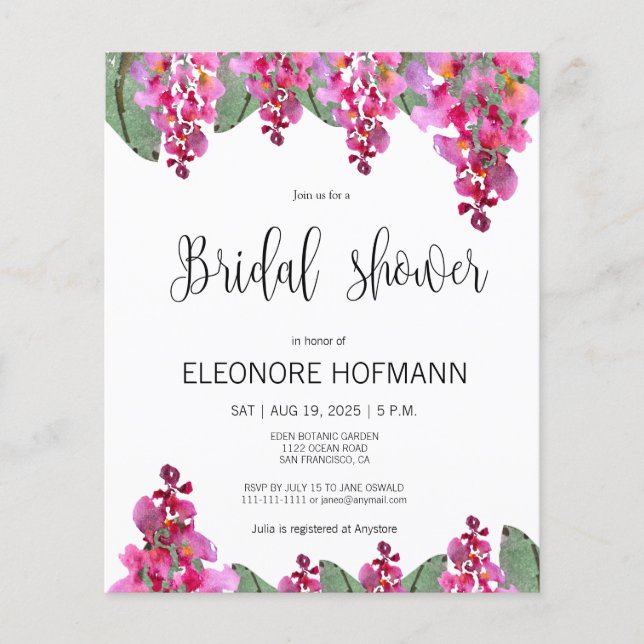 Cartão de chá de noiva rosa fucsia glicínia orçame (Frente)