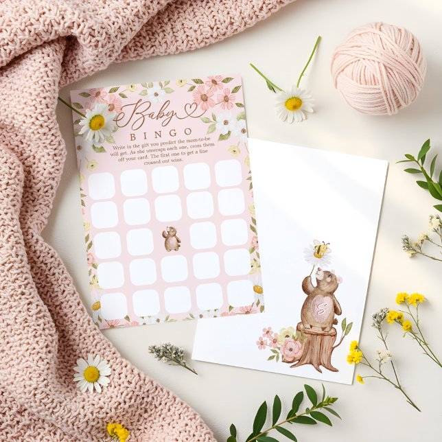 Cartão de Chá do Woodland Bear Bingo Baby Girl (Woodland Bear Bingo Baby Girl Shower Game Card)