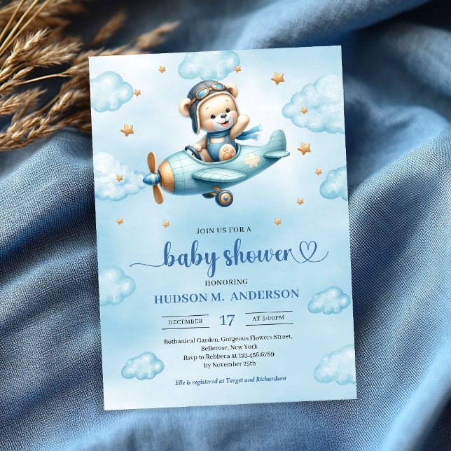 Cartão de Chamada de Teddy Bear Piloto Azul Marrom (Unique Teddy Bear Pilot Blue Brown Boy Shower Invitation

)