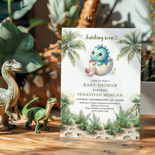 Cartão de Chuvada de Bebê de Dinossauro Prestes a  (Whimsical Hatching Soon Dinosaur Baby Shower Card)