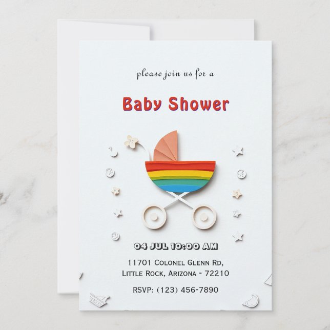 Cartão de Chuvinha de Bebê com Carrinho de Cores (Frente)