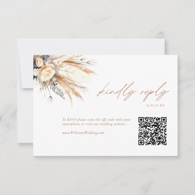 Cartão de Código QR de Casamento RSVP de Boho Pamp (Frente)