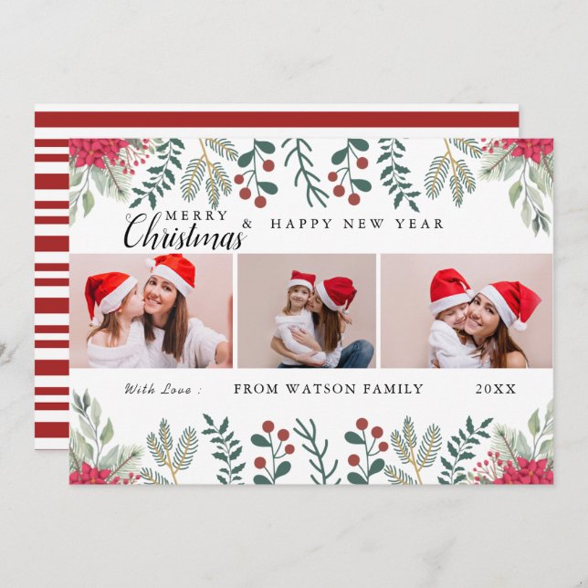 Cartão de Colagem de Fotos de Feriado Vermelho e B (Frente/Verso)