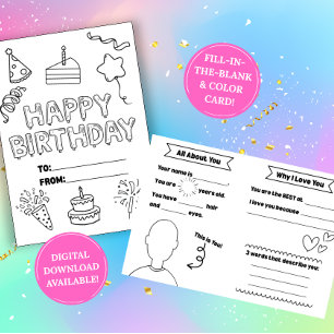 Cartão de Colorir de Aniversário para Preencher