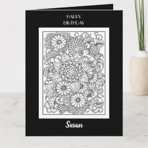 Cartão de Colorir Floral Preto e Branco de Anivers