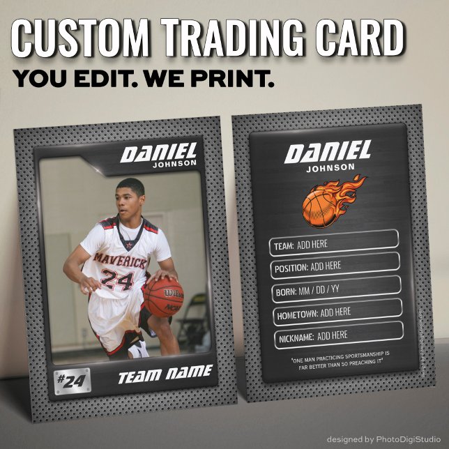 Cartão de Comércio De Grafite Para Bacas, Presente (Custom Basketball Trading Card, Black Graphite Player Card)
