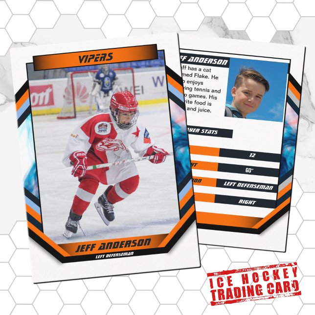 Cartão de Comércio de Hóquei no Gelo em Laranja Le (Ice Hockey Trading Card: Futuristic design, vibrant colors. Perfect for young fans! )